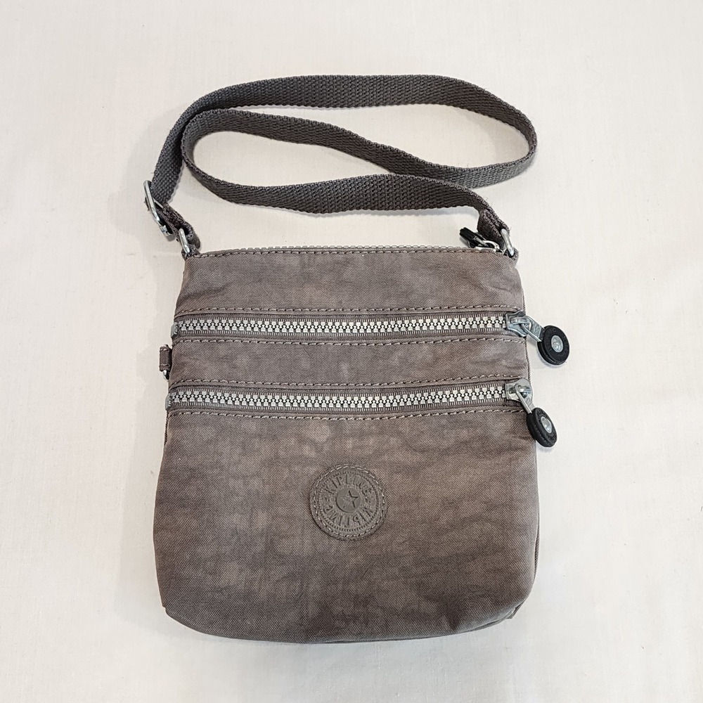 Kipling Taupe Grey Crinkle Nylon Triple Zip Crossbody Bag Organizer Messenger‎